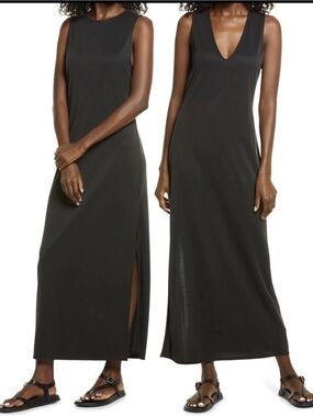 OPEN EDIT “wear two ways “ Sleeveless Black Maxi Dress with Side Slit -small